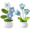 InteDesign Fiori all'uncinetto fatti a mano, 2 pezzi, pianta di fiori blu all'uncinetto, orchidea a campana all'uncinetto, bouquet lavorato a maglia blu, piccola pianta in vaso, per casa, ufficio