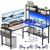 Homieasy Scrivania Gaming Angolare con LED e Prese (124x90x150cm) - Scrivania Salvaspazio Reversibile a L con Libreria, Supporto Monitor e Borsa,Nero