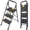 KINGRACK Scaletta 3 Gradini, Scala Pieghevole Domestica con Blocco di Sicurezza, Acciaio Portata 360kg con Ampio Pedale Antiscivolo, Corrimano Comoda, Cucina Casa Ufficio, Nero