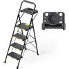 KINGRACK Scaletta 4 Gradini, Scala Pieghevole con Vaschetta Portaoggetti e Blocco di Sicurezza, Portata 360 kg, Scala Domestica in Acciaio con Pedale Largo Antiscivolo, per Cucina Casa Ufficio Nero