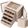 Granbest Portagioie a 5 livelli con coperchio in vetro, organizer per gioielli ad alta capacità con cassetti e specchio, portagioie in PU per collane, orecchini, anelli, bracciali (beige)