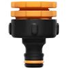 Fiskars Connettore Rubinetto Multi, Filettatura Interna per Rubinetti di Varie Misure, 3 Dimensioni di Filettatura: Ø 21 mm (1/2), Ø 26,5 mm (3/4) e Ø 33,3 mm (1), 17 g, Nero/Arancione, 1027051