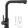 FORIOUS Rubinetto Lavello Cucina Bassa Pressione, Rubinetto a Forma L con Estraibile, Miscelatore Cucina 3 Vie per Scaldabagno o Sotto Lavello, 2 Getti, Rotazione 360°, Nero Matte, Scanalata