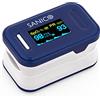 SANICO Pulsossimetro da Dito - Dispositivo Compatto per Misurare: Frequenza Cardiaca, Indice di Perfusione e Ossigeno nel Sangue SpO2 - Display a Colori a 6 Orientazioni, Autoarresto, Batterie Incluse