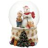 Dekohelden24 Palla di neve - Pupazzo di neve con bambino e tromba - su base con note musicali e carico, melodia: Oh du Allegri, dimensioni H/B/sfera: 14,5 x 10,5 cm 10 cm 501869