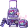 HTgroce Trolley Zaino con ruote, astuccio, borsa per il pranzo, 3 in 1, facile da arrotolare, per ragazze, borse per la scuola, Cuore viola, 42 x 30 x 20 cm, Rucksack