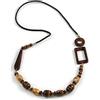 Avalaya Collana lunga con perline di legno marrone geometriche e cordoncino in ecopelle nera, lunghezza 84 cm, Misura unica, Pelle sintetica Legno, nero, marrone.