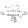 Turandoss Braccialetto con unicorno per bambine, placcato in oro bianco 14 carati, in argento placcato in oro bianco 14 carati, con cuore e lettere, gioiello per bambini, regalo per la scuola, Eine