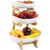 Carastek Fruttiera 3 Ripiani in Ceramica, Portafrutta a Ripiani con supporto in legno Cesta Portafrutta per Frutta e Verdura Cestino di Frutta per Frutta, Dessert, Torta, Dolci