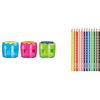 herlitz 10921112 Temperamatite Fancy, Doppio Foro con Contenitore + Pelikan 700634 Matite Colorate per Bambini, 12 Colori Serie Silverino, Forma Triangolare Ergonomica, Diametro Spessore 3mm