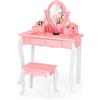 COSTWAY Toeletta Trucco con Sgabello per Bambini, Toeletta Trucco Bambina con Specchio Girevole a 360° e 3 Cassetti, 2-in-1 Postazione Trucco, 3+ Anni (Rosa)
