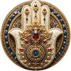 Gentinap Targa rotonda in metallo con mano di Fatima decorata con dettagli in oro e pietre preziose, decorazione da parete per casa, bar, giardino, 20,3 x 20,3 cm