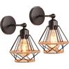 iDEGU 2 Pezzi Lampade da Parete Vintage 16CM Industriale Applique da Parete Interni Design Gabbia in Metallo Corda di Canapa Regolabile Plafoniera E27 Lampada a Muro per Cucina Cameretta Caffè (Nero)