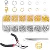 TESSTSY 1200 Pezzi Anellini per Bigiotteria, Anelli di Salto Aperti 4/5/6/7/8/10mm | Kit Anello di Salto con Pinze e Scatola, Anello Chiusura Bigiotteria, per Realizzare Gioielli (Oro+Argento)
