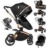 Veitoalioy PU Pelle Passeggino 3 in 1 Trio Neonati, Carrozzino multifunzione, Passeggino Pieghevole, 360° Sedile Girevole 3 in 1 Passeggini Per Neonato (906 Black-1)