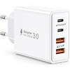 Generico Caricatore USB 40W 4 Porte, Fast Charge 3.0, 2 USB-C PD 20W e 2 USB-A, Bianco, Compatto, compatibile con iPhone, Samsung Galaxy, iPad