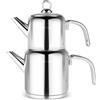 Karaca New Mani - Set di teiera turca in acciaio inox con coperchio, teiera turca da 1 litro e serbatoio dell'acqua da 2 litri), teiera midi e bollitore a induzione, argento
