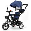 OHMG Triciclo per bambini evolutivo, canna e parasole, pieghevole, borsa e cestino in acciaio, per bambini evolutivo, bicicletta, accessori, fino a 5 anni (Blu)