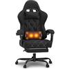JUMMICO Sedia Gaming Ergonomica in tessuto, con Poggiapiedi e Supporto Lombare Massaggiante a 2 Punti, Braccioli Collegati Reclinabili, Schienale Reclinabile 90-135°, Portata Massima 150kg,Colore nero