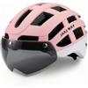 Qianly Casco da Bici con Visiera Antiurto Casco con Visiera Ventilato per Ciclismo su Strada, Città, Rosa E Bianco