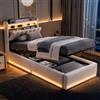 BSCFHCZ Letto Imbottito 90x200 con Contenitore Idraulico e Luci LED, Letto Singolo in Velluto Beige con Testiera Portaoggetti e Stazione di Ricarica, Giroletto Fluttuante con Rete a Doghe, Nessun materasso