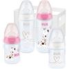 NUK First Choice+ biberon Starter Set | 0-6 mesi | 4 bottiglie con controllo della temperatura e scatola porta-biberon | Valvola anti-coliche | Senza BPA | giraffa rosa | 5 pezzi