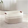 MYHOMMATTO Piccolo Cesto per biancheria intrecciato in corda di cotone, 45L, con manici in cuoio, per coperte, vestiti, giocattoli, per lavanderia, camera bambini o soggiorno, 45x35x27 cm, bianco e marrone