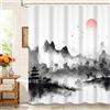 Kzzfqxb 105x160cm Tende da doccia nebbiose con ganci, Nebbia bianca Montagne nere Sole rosso Alberi Paesaggio Pittura a inchiostro cinese Impermeabile, Tessuto in poliestere Bagno Vasca Decor naturale
