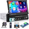 Podofo Senza Fili Carplay 1 Din Autoradio Con Schermo Manuale a Scomparsa Da 7'' Bluetooth 5.1 FM 2 USB/USB-C AUX/SD/Controllo Al Volante Senza Fili Android Auto Con Retrocamera