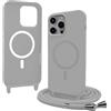 Bigcousin Magnetica Cover con Cordino per iPhone 15 Pro Max,[Compatibile con MagSafe], Cover in Silicone, Regolabile Cordino da Collo Nylon Catena Collana Tracolla,Grigio chiaro
