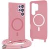 YFSYLL Magnetica Cover per Samsung Galaxy S23 Ultra con Cordino,Compatibile con MagSafe,Silicone Case con Regolabile Cordino da Collo Nylon Catena Collana Tracolla - Pink