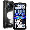 DOOGEE Fire 7 Pro 5G Rugged Smartphone,1200LM Luce Campeggio,Intercom via App,32GB+256GB/2TB,13000mAh 33W Android 15 Telefono Indistruttibile,6.6''HD+90Hz,64 MP AI Fotocamera,NFC/3 Slot (Grigio)
