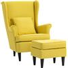Poltrona Con Poggiapiedi In Stile Contemporaneo, In Tessuto Effetto Lino E Legno Di Caucciù, 75x83x104 Cm, Giallo