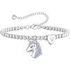 Turandoss Braccialetto con unicorno per bambine, placcato in oro bianco 14 carati, in argento placcato in oro bianco a forma di cuore, con lettere, per donne e ragazze, braccialetto regolabile, regalo