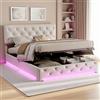 JYNVO Letto imbottito 140x200 con contenitore, illuminazione a LED e testiera regolabile, letto matrimoniale con contenitore idraulico, rete a doghe, giroletto, biancheria, crema, senza materasso
