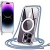Jrkvniv Magnetica Trasparente Cover per iPhone 14 Pro Max con Cordino, Compatibile con Magsafe, Ultra Sottile Silicone TPU Antiurto Custodia con Collana Laccio rimovibile per iPhone 14 Pro Max, Blu