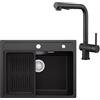 ANYCEE 60 x 46 cm Lavello Nero con L Rubinetto Estraibile, Lavandino Cucina Nero 1 Vasca con Cestello di Scarico, Lavello Granito per Mobile da 60 cm con Sifone e Scarico