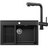 ANYCEE 70 x 46 cm Lavello Nero con L Rubinetto Estraibile, Lavandino Cucina Nero con Cestello di Scarico, Lavello Granito 1 Vasca per Mobile da 70 cm con Sifone e Scarico