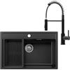 ANYCEE 70 x 46 cm Lavello Nero con Arco Rubinetto Cucina Molla, Lavandino Cucina Nero con Cestello di Scarico, Lavello Granito 1 Vasca per Mobile da 70 cm con Sifone e Scarico