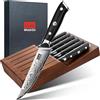 SHAN ZU Set di 7 coltelli da Bistecca in Acciaio Damasco con Ceppo, 11cm Set di Coltelli da Cucina Seghettati in Acciaio Giapponese 10Cr15MoV con Impugnatura Ergonomica G10 e Confezione Regalo