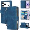 Vicloon Cover per iPhone 17 Pro Max, in similpelle, chiusura magnetica, con porta carte e contanti, laccetto da polso, supporto pieghevole per iPhone, blu reale