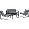 Outsunny Set Salotto da Giardino da 4 Pezzi, Set di Mobili con Divanetto a 2 Posti, 2 Poltrone, Cuscini e Tavolino da Caffè in Vetro, Struttura in Acciaio, Nero e Grigio