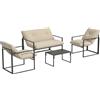 Outsunny Set Salotto da Giardino da 4 Pezzi, Set di Mobili con Divanetto a 2 Posti, 2 Poltrone, Cuscini e Tavolino da Caffè in Vetro, Struttura in Acciaio, Beige e Grigio