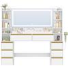 HEXCELEN 149cm Toeletta Trucco con Specchio, Toeletta con LED e Prese, Grande Tavolo da Trucco con Supporto Per Asciugacapelli, 8 Cassetti e Ripiani Aperti, Moderno, Bianco-Oro
