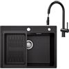 CECIPA Set di lavello da cucina in granito nero, 60 x 45 cm, con miscelatore e rubinetto girevole a 360°, 2 tipi di getti