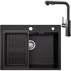 CECIPA Lavello in granito nero 60 x 45 cm con rubinetto della cucina, lavello da incasso per mobile da 60 cm, rubinetto estraibile con funzione doccia