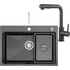 CECIPA 68x48 cm Lavello Nero Inox con L Rubinetto Cucina Estraibile, Lavandino Cucina Nero 1 Vasca Acciaio con Dispenser Sapone per Mobile da 70 cm
