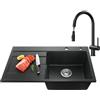 CECIPA Lavello Cucina 1 Vasca in Granito Nero - 78x45 cm con Rubinetto Estraibile, Vasca Singola con Sifone e Gruppo di Scarico