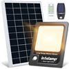INTELAMP Faro Led Esterno Con Pannello Solare Luce Calda, 12000mAh Fari Solari a Led da Esterno IP65 Impermeabile Lampione Solare Esterno con Telecomando e Sensore,Funzione timer (Nero - 3000K)