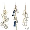 COM-FOUR® 3x Decorazione da appendere in stile Marittimo - decorazione con timone, ancora e faro con conchiglie - decorazione mare in legno